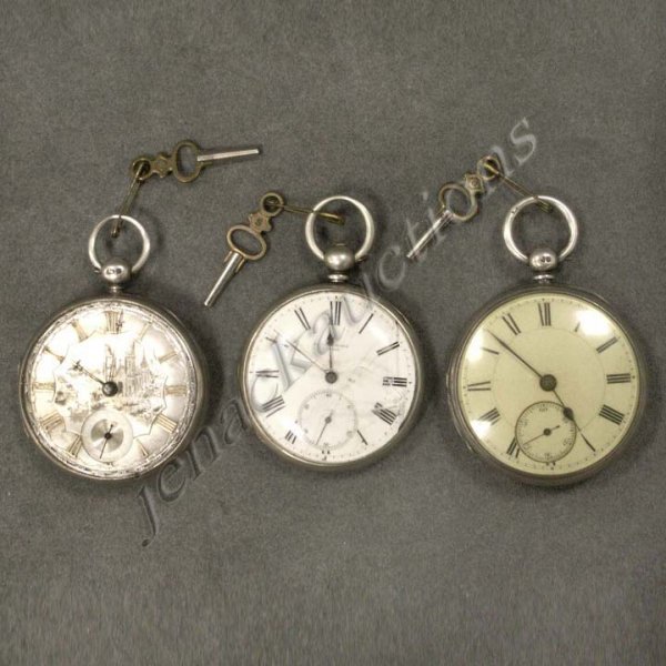 LOT (3) CONTINENTAL KEY-WIND POCKET WATCHES: LOT (3) CONTINENTAL SILVER CASED OPEN-FACE, KEY-WIND POCKET WATCHES, 19TH CENTURY INCLUDING S. SHARWOOD, LONDON. DIAMETER 1 7/8 - 2" (1 MISSING CRYSTAL; 1 CRACKED)