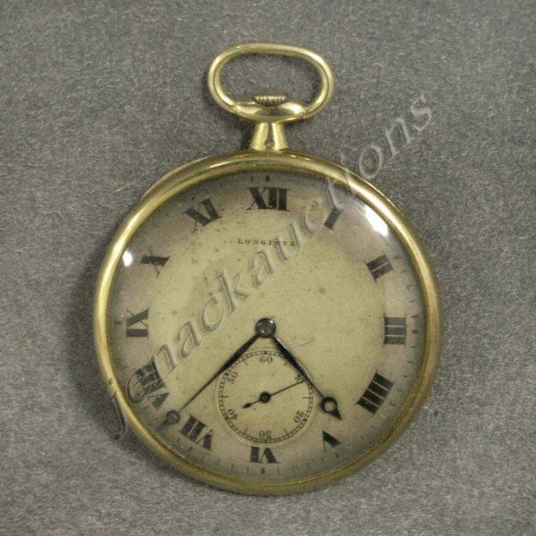 VINTAGE 18K LONGINES OPEN-FACE DRESS POCKET WATCH: VINTAGE 18K YELLOW GOLD LONGINES OPEN-FACE DRESS POCKET WATCH #3110885. DIAMETER 1 3/8"