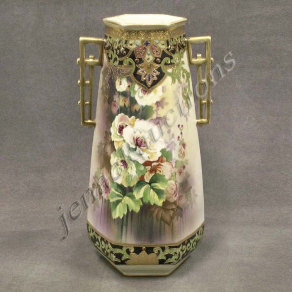 VINTAGE HAND PAINTED NIPPON PORCELAIN VASE, SIGNED: VINTAGE HAND PAINTED NIPPON PORCELAIN VASE, SIGNED. HEIGHT 16"