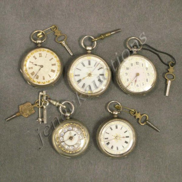 LOT (5) CONTINENTAL KEY-WIND PENDANT WATCHES: LOT (5) ASSORTED CONTINENTAL SILVER CASED KEY-WIND PENDANT WATCHES WITH ENAMELED DIALS, 19TH CENTURY. DIAMETER 1 1/4 1 1/2" (1 CRACKED DIAL)