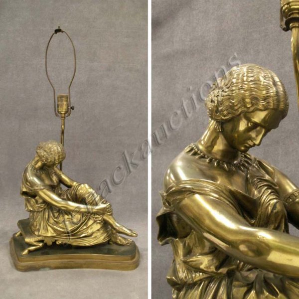 AFTER JEAN-JACQUES PRADIER (FRENCH 1792-1852): AFTER JEAN-JACQUES PRADIER (FRENCH 1792-1852), GILT BRASS SCULPTURE, SEATED SAPPHO, SIGNED. HEIGHT 14 1/2"; LENGTH 15" (MOUNTED AS A LAMP)