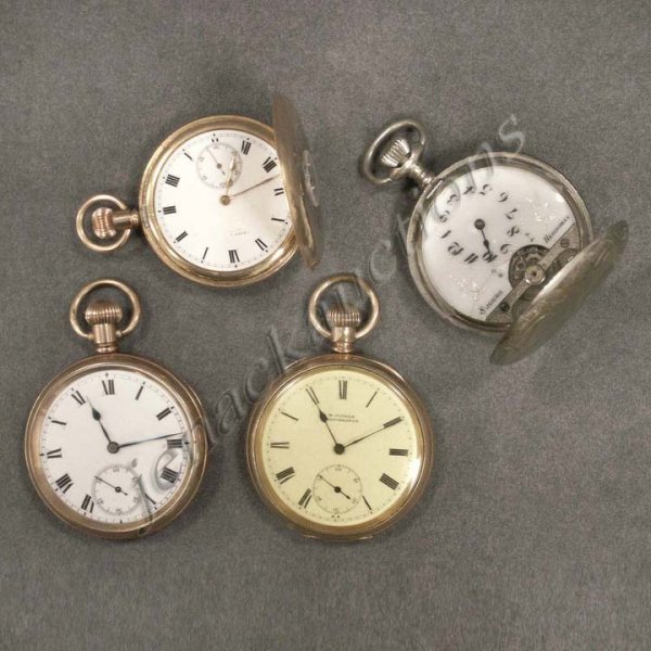 LOT (4) CONTINENTAL POCKET WATCHES: LOT (4) CONTINENTAL GOLD FILLED/SILVER PLATE CASED POCKET WATCHES 19TH CENTURY INCLUDING HUNTER CASED HEBDOMAS FUZEE; COOKE & KELVEY CALCUTTA; M. FISHER, MANCHESTER, ETC. DIAMETER 1 7/8 - 2"