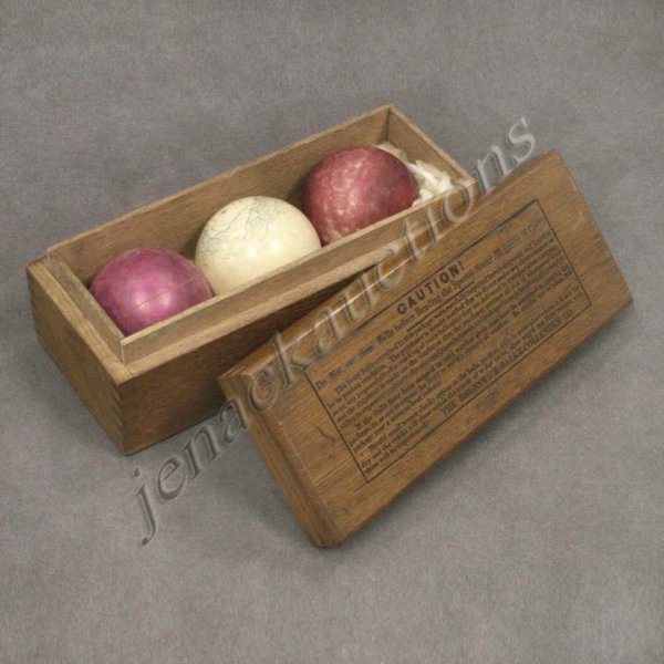 BRUNSWICK-BALKE COLLENDER IVORY BILLIARD BALLS: SET (3) BRUNSWICK-BALKE COLLENDER COMPANY IVORY BILLIARD BALLS WITH ORIGINAL BOX. DIAMETER 2 1/2" (COLOR WEAR/CRACK) **CANNOT EXPORT IVORY**