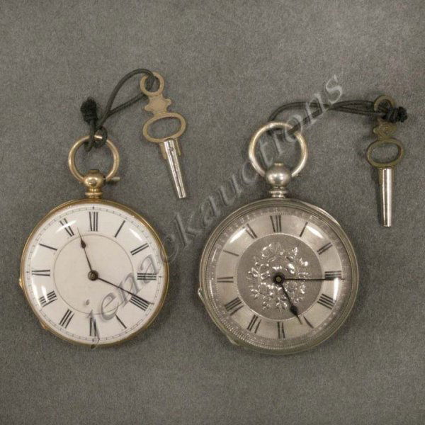 LOT (2) CONTINENTAL 18K/SILVER POCKET WATCHES: LOT (2) CONTINENTAL 18K/SILVER CASED OPEN-FACE, KEY-WIND POCKET WATCHES, 19TH CENTURY. DIAMETER 1 1/2 - 1 7/8"