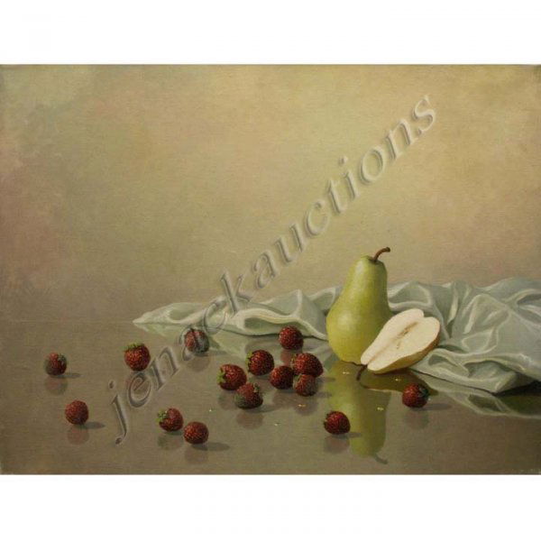 AUGUST ALBO (RUSSIAN/AMERICAN 1893-1963) OIL: AUGUST ALBO (RUSSIAN/AMERICAN 1893-1963) OIL ON CANVAS, STRAWBERRIES & PEARS, SIGNED, VERSO. 18 X 24"