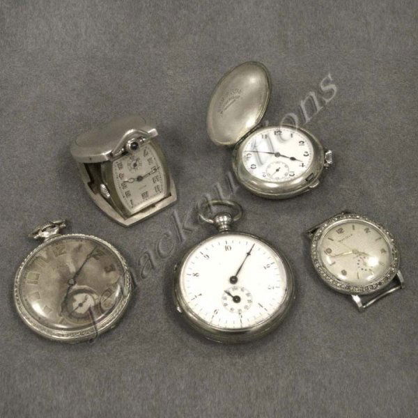 LOT (5) INCLUDING SWISS 925 15-JEWEL TRAVEL WATCH: LOT (5) INCLUDING SWISS 925 15-JEWEL TRAVEL WATCH; SWISS GOLF BALL POCKET WATCH; HAMILTON 17-JEWEL #912 DRESS POCKET WATCH; VINTAGE PEDOMETER; VINTAGE BULOVA 17-JEWEL WRIST WATCH. DIAMETER 1 1/4 - 1 3