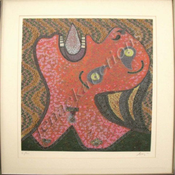 ENRICO BAJ (ITALIAN 1924-2003) SERIGRAPH: ENRICO BAJ (ITALIAN 1924-2003) SERIGRAPH AND MIXED MEDIUM "CRYING WOMAN" BAJ CHEZ BAJ II, SIGNED 29 1/4 X 24"; FRAMED & GLAZED 39 1/4 X 32 1/4"