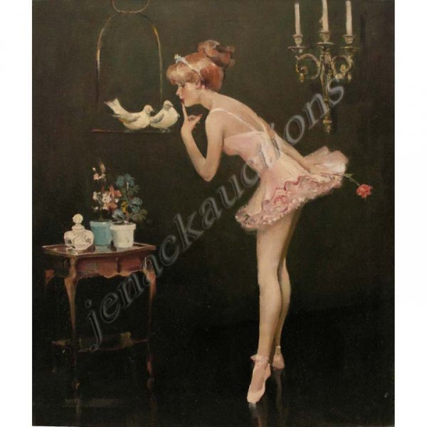 RICO TOMASO (AMERICAN CONNECTICUT 1898-1985), OIL: RICO TOMASO (AMERICAN CONNECTICUT 1898-1985), OIL ON CANVAS, BALLERINA AND DOVES, SIGNED. 28 X 24"
