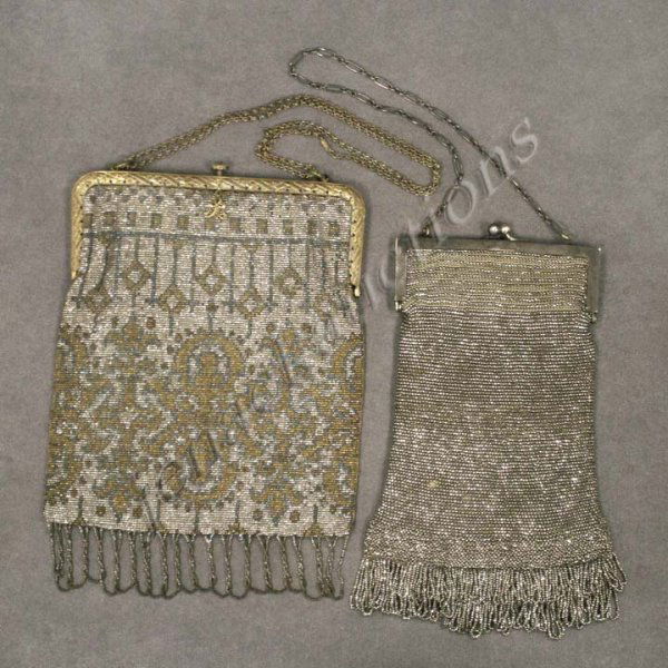 LOT (2) VINTAGE BEADED BAGS, 1/STERLING FRAMED: LOT (2) VINTAGE BEADED BAGS, 1/STERLING FRAMED; MONOGRAMMED AND 1/FRENCH (NEEDS NEW LINING AND REATTACHED TO FRAME). 9 X 5"; 8 X 7"