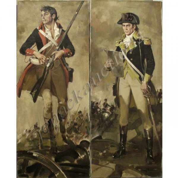 HENRY THOMAS (AMERICAN 20TH CENTURY), LOT (2) OIL: HENRY THOMAS (AMERICAN 20TH CENTURY), LOT (2) OIL ON CANVAS, REVOLUTIONARY WAR ILLUSTRATIONS, SIGNED. 40 X 16"