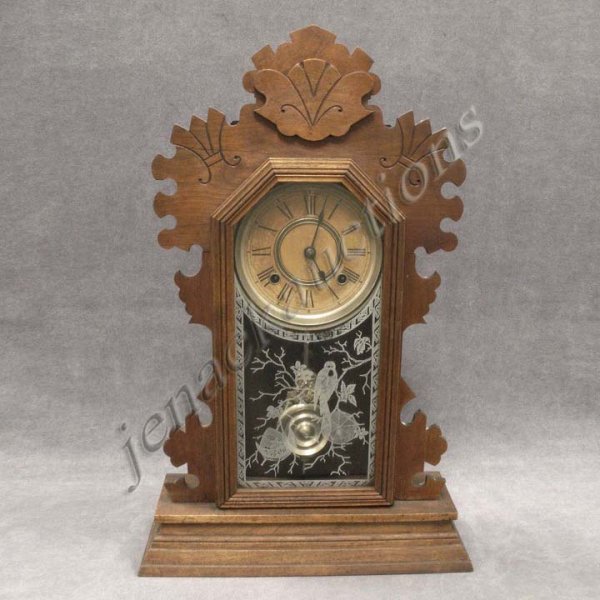 ANSONIA "BEAVER" CARVED WALNUT SHELF CLOCK, C.1890: ANSONIA "BEAVER" CARVED WALNUT SHELF CLOCK, C.1890. HEIGHT 22 1/2"
