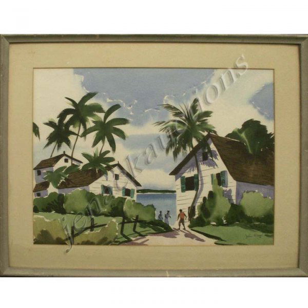 JOHN WARD (AMERICAN 20TH CENTURY), WATERCOLOR: JOHN WARD (AMERICAN 20TH CENTURY), WATERCOLOR, TROPICAL LANDSCAPE WITH COTTAGES-BERMUDA, SIGNED '46. SIGHT 18 1/2 X 24"; FRAMED AND GLAZED-25 1/2 X 31 1/2"