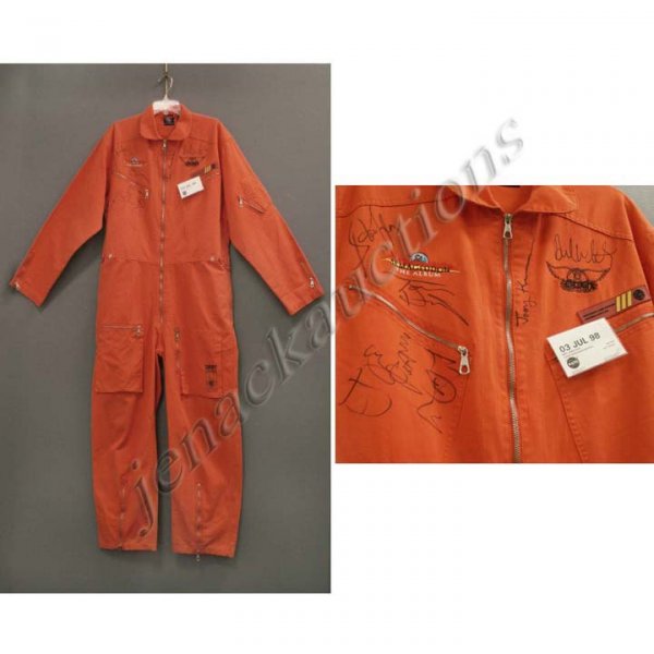 BRUCE WILLIS, DKNY MECHANICS JUMP SUIT,: BRUCE WILLIS, DKNY MECHANICS JUMP SUIT, WORN BY WILLIS IN THE FILM "ARMAGEDDON"; SIGNED BY BAND AEROSMITH