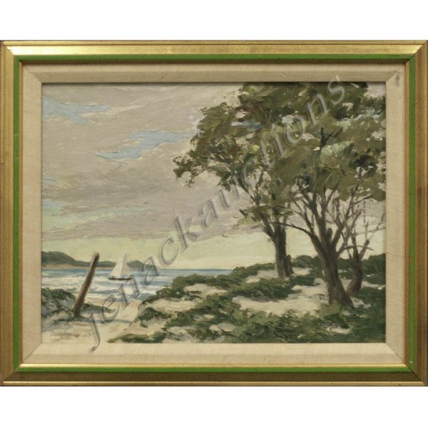 DOUGLAS M. GRANT (AMERICAN CALIFORNIA 1894-1993): DOUGLAS M. GRANT (AMERICAN CALIFORNIA 1894-1993), OIL ON MASONITE, CALIFORNIA COASTAL VIEW, SIGNED. 12 X 16"; FRAMED 15 X 19"