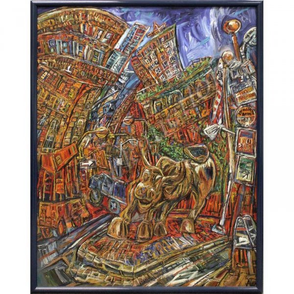 ALAN STREETS (AMERICAN, NEW YORK CITY 20TH CENTURY: ALAN STREETS (AMERICAN, NEW YORK CITY 20TH CENTURY), OIL ON CANVAS, "BROADWAY AND MORRIS ST", SIGNED AND TITLED. 48 X 36"; FRAMED 50 X 38"