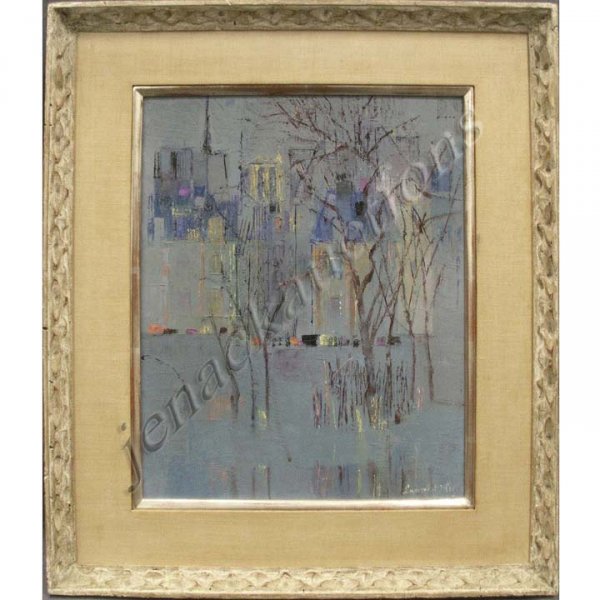 LANCELOT NEY (AMERICAN/HUNGARIAN 1900-1965), OIL : LANCELOT NEY (AMERICAN/HUNGARIAN 1900-1965), OIL ON CANVAS, ABSTRACT-CITY SCENE IN BLUE, SIGNED. 16 X 13"; FRAMED 22 1/2 X 19 1/4"