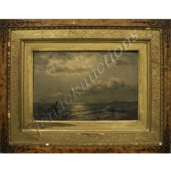 JAMES CRAIG NICOLL (AMERICAN 1846-1918), OIL: JAMES CRAIG NICOLL (AMERICAN 1846-1918), OIL ON ARTIST PANEL, COASTAL VIEW WITH LIGHT HOUSE, SIGNED 1894. 8 1/2 X 12 1/2"; FRAMED 15 X 19" (IMPERFECTIONS)