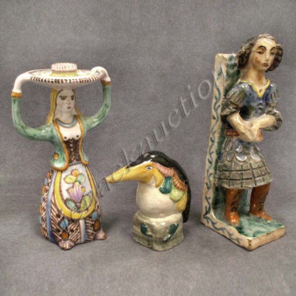 LOT (3) CONTINENTAL FAIENCE GLAZED POTTERY: LOT (3) CONTINENTAL FAIENCE GLAZED POTTERY INCLUDING ROOK, HEIGHT 5"; CANDLESTICK, HEIGHT 9"; STANDING FIGURE, HEIGHT 10 1/2"