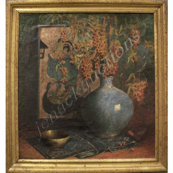 J.W. FENTON (AMERICAN 19/20TH CENTURY), OIL : J.W. FENTON (AMERICAN 19/20TH CENTURY), OIL ON CANVAS BOARD, ARRANGEMENT WITH BITTER SWEET, SIGNED. 24 X 22"; FRAMED 28 X 26"