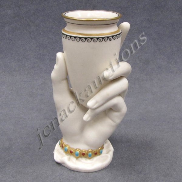 ROYAL WORCESTER PORCELAIN AND JEWEL DECORATED HAND: ROYAL WORCESTER PORCELAIN AND JEWEL DECORATED HAND VASE, C.1864. HEIGHT 5 3/4" (WITH RE-ADJUSTING MARK)