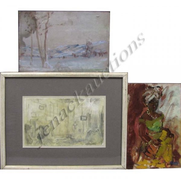 LOT (3) VARIOUS ARTISTS; EDWARD M.C. HAWKINS: LOT (3) VARIOUS ARTISTS INCLUDING EDWARD MACK CURTIS HAWKINS (AMERICAN 1877-), PASTEL, WINTER LANDSCAPE, ARTIST'S LABEL VERSO 1909, 6 X 9" (WATER STAIN); GORDON RICE (CANADIAN 20TH CENTURY), WATERCOLO