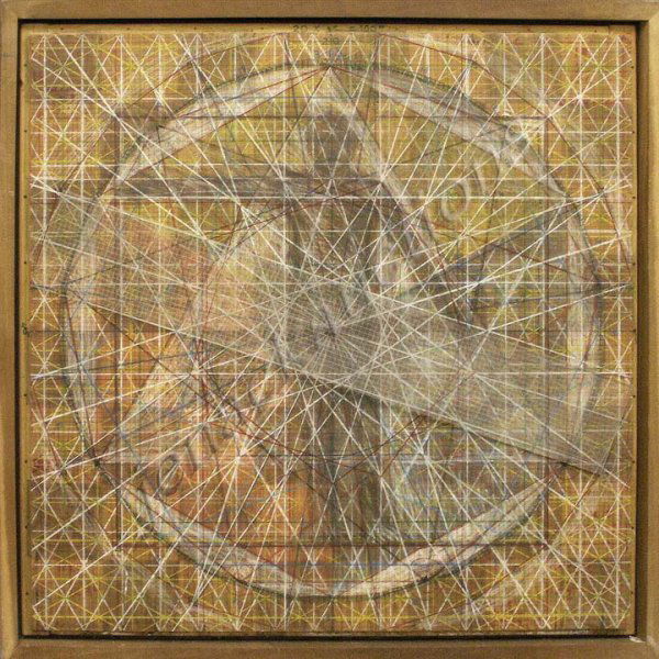 JOHN FORD (AMERICAN 1950-), GRAPHITE: JOHN FORD (AMERICAN 1950-), GRAPHITE, COLORED PENCIL, AND MIXED MEDIUM ON BOARD, "SQUARING THE CIRCLE #2", SIGNED, TITLED, AND INSCRIBED 1982. FRAMED-35 X 35"