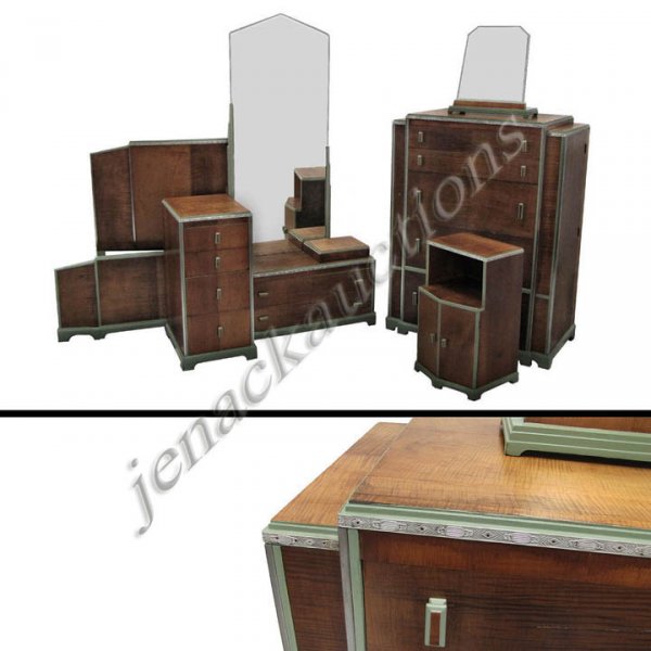 FINE ART DECO WALNUT/METAL MOUNTED BEDROOM SUITE