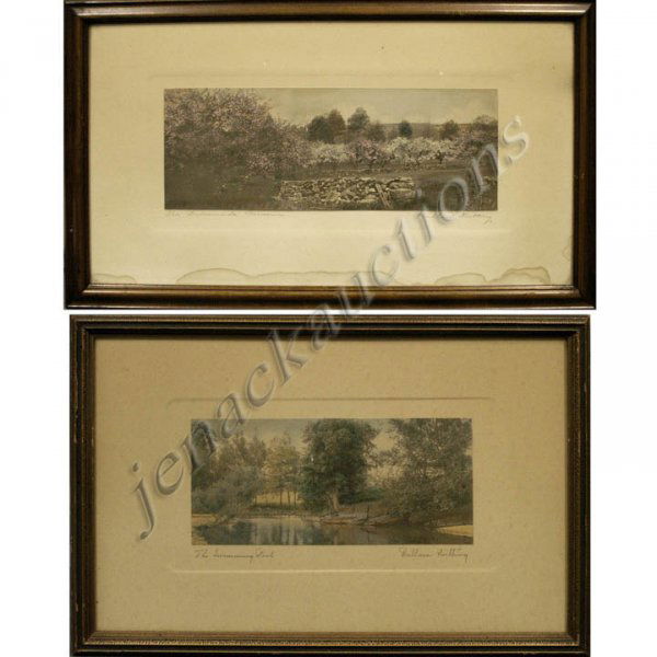 LOT (2) WALLACE NUTTING PICTURES: LOT (2) WALLACE NUTTING PICTURES INCLUDING "THE SWIMMING POOL", SIGNED SIGHT 9 5/8 X 15 5/8; FRAMED AND GLAZED-11 X 17 1/4"; "THE BRIDESMAIDS PROCESSION", SIGNED, SIGHT 10 3/4 X 19 3/4"; FRAMED AND GL