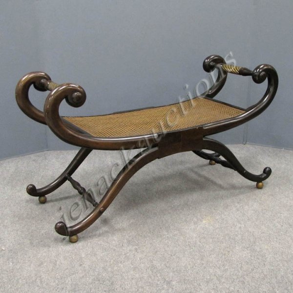REGENCY STYLE CARVED WALNUT CANE SEAT BENCH