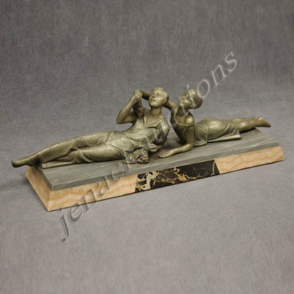 FRENCH ART DECO PATINATED METAL/MARBLE GROUP