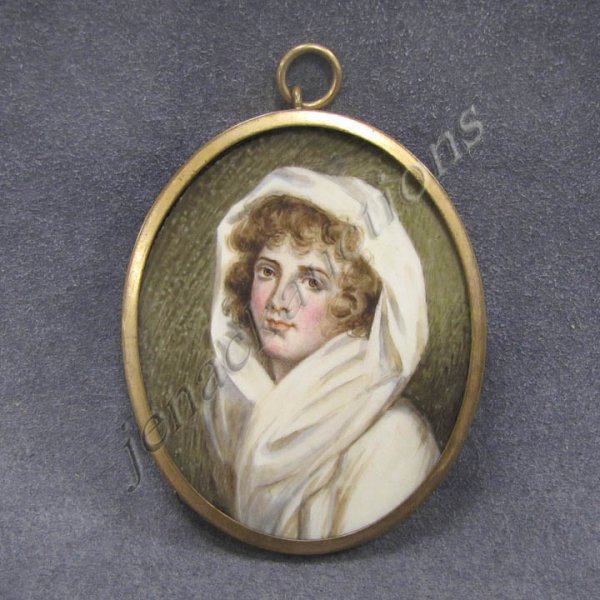 CONTINENTAL SCHOOL (19/20TH CENTURY), WATERCOLOR : CONTINENTAL SCHOOL (19/20TH CENTURY), WATERCOLOR ON IVORY, LADY HAMILTON, AFTER COSWAY, 19/20TH CENTURY. FRAMED 3 1/4 X 2 5/8" (LACKS GLASS) **CAN NOT EXPORT IVORY**