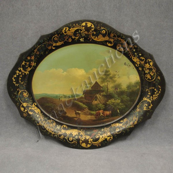 CONTINENTAL PAINTED TOLE TRAY, SIGNED LA MARTIN: CONTINENTAL PAINTED TOLE TRAY, SIGNED LA MARTIN, BRAUNSCHWEIG 1859. 17 X 21"
