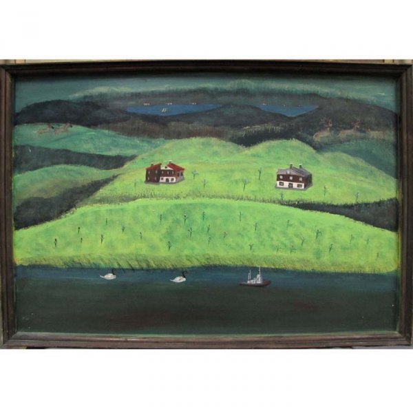 BRUNO DEL FARERO (AMERICAN 1910-1995), OIL : BRUNO DEL FARERO (AMERICAN 1910-1995), OIL ON MASONITE, PANORAMIC LANDSCAPE, SIGNED 1984. FRAMED-32 1/2 X 49"