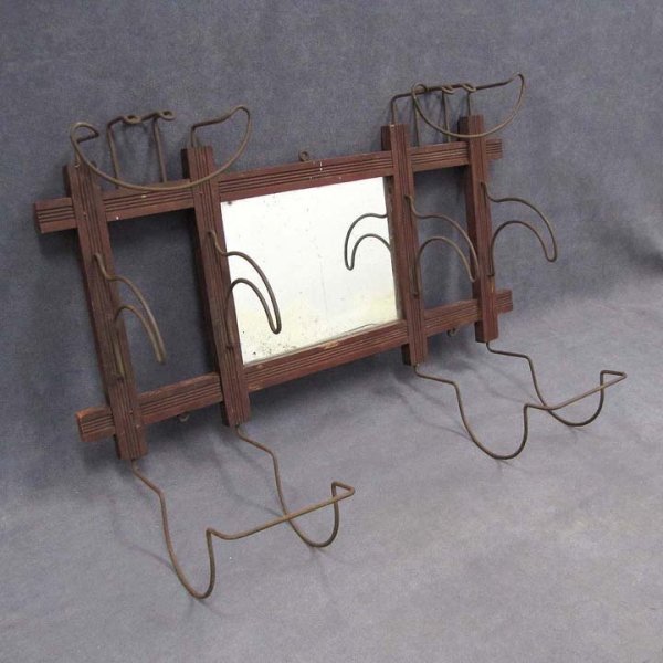 VINTAGE WIRE WORK HALLWAY MIRRORED HAT RACK: VINTAGE WIRE WORK HALLWAY MIRRORED HAT RACK. LENGTH 23"