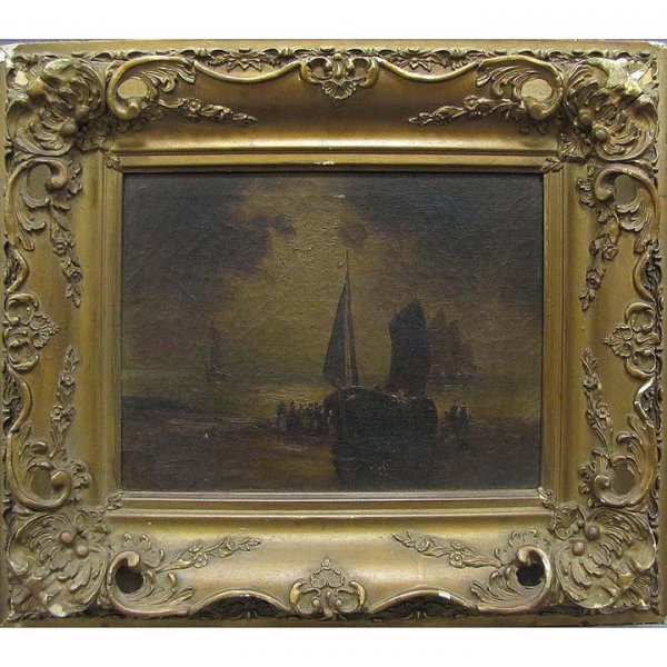 EUROPEAN SCHOOL (19/20TH CENTURY), OIL ON CANVAS: EUROPEAN SCHOOL (19/20TH CENTURY), OIL ON CANVAS, FISHING BOATS AT LOW TIDE, SIGNED ANTONI. 9 X 12"; FRAMED 16 X 18"