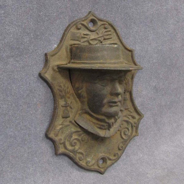 CAST IRON BRIGHAM YOUNG MATCH SAFE: CAST IRON BRIGHAM YOUNG MATCH SAFE, 19TH CENTURY. HEIGHT 6"