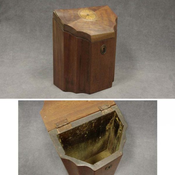 HEPPLEWHITE CARVED/INLAID MAHOGANY KNIFE BOX: HEPPLEWHITE CARVED/INLAID MAHOGANY KNIFE BOX (NO INSERT), 19TH CENTURY. HEIGHT 12"