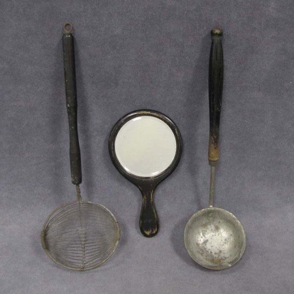 LOT (3) INCLUDING HAND MIRROR, TOLE LADLE: LOT (3) INCLUDING HAND MIRROR, TOLE LADLE AND STRAINER, ATTRIBUTED TO SHAKER WORKSHOPS. LENGTH 8", 13 1/2" & 14"