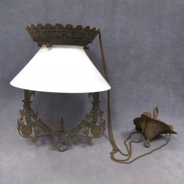 VICTORIAN CAST METAL KITCHEN FIXTURE: VICTORIAN CAST METAL ADJUSTABLE KITCHEN HANGING LIGHT FIXTURE WITH MILK GLASS SHADE