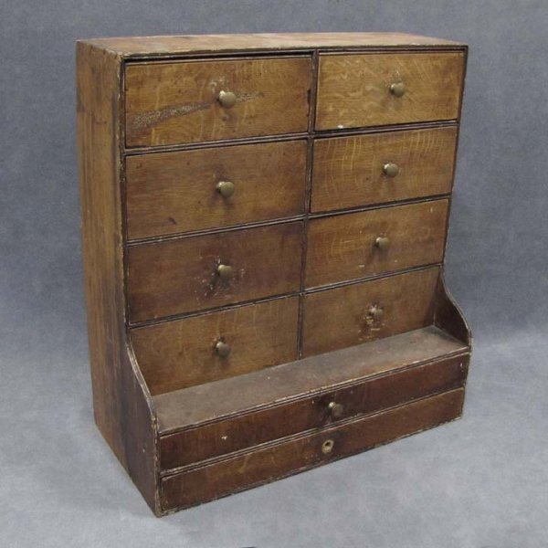 SHAKER PINE HANGING 10 DRAWER SEED SAVER CABINET: SHAKER PINE HANGING 10 DRAWER SEED SAVER CABINET, 19TH CENTURY. HEIGHT 22; WIDTH 20" (DOVETAILED/MORTISED CONSTRUCTION)