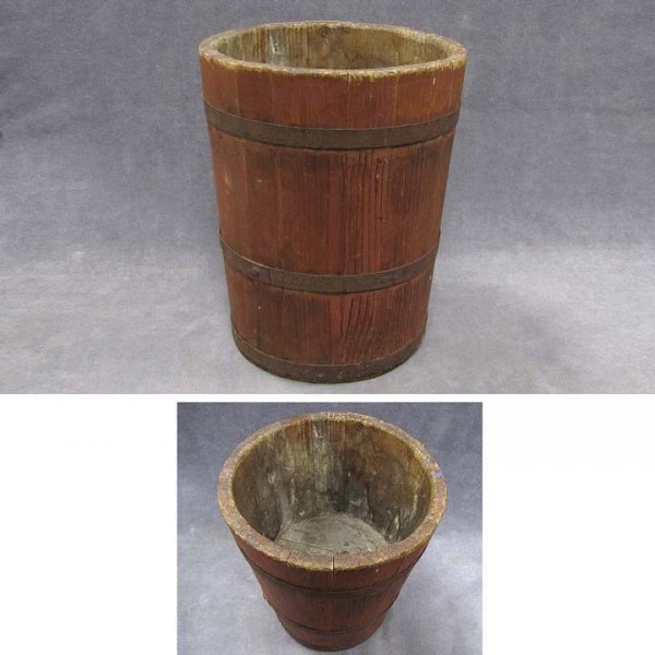 PINE BUCKET IN ORIGINAL RED PAINT: PINE BUCKET IN ORIGINAL RED PAINT, ATTRIBUTED TO SHAKER WORKSHOPS, SIGNED. HEIGHT 14"
