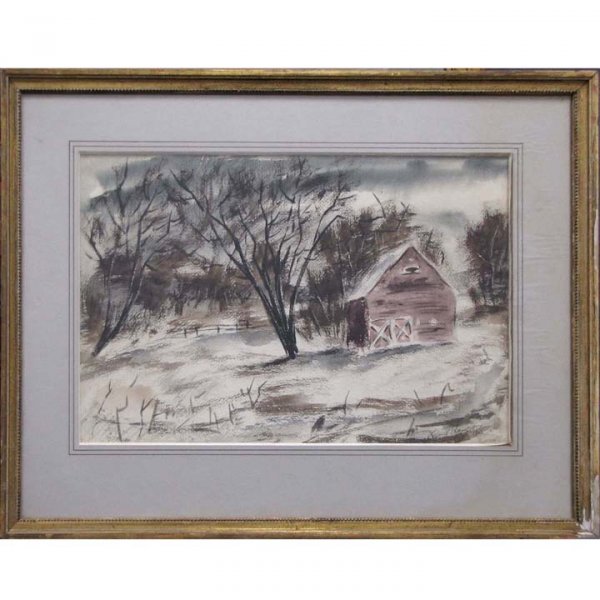 LELAND THOMPSON (AMERICAN 20TH CENTURY) WATERCOLOR: LELAND THOMPSON (AMERICAN 20TH CENTURY) WATERCOLOR, RED BARN, SIGNED & DATED 1956. SIGHT 14 X 21"; FRAMED & GLAZED 23 X 29"