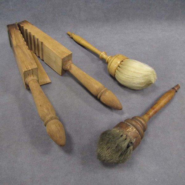 LOT (3) WHISKS & BRUSHES, ATTRIBUTED TO SHAKERS: LOT (3) WHISKS & BRUSHES, ATTRIBUTED TO SHAKER WORKSHOPS. LENGTH 10 - 12"