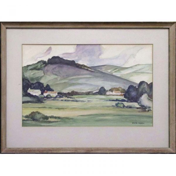 WALTER NICHOLS (AMERICAN 20TH CENTURY), WATERCOLOR: WALTER NICHOLS (AMERICAN 20TH CENTURY), WATERCOLOR, PANORAMIC LANDSCAPE, SIGNED. SIGHT 15 X 24"; FRAMED AND GLAZED-24 X 32"