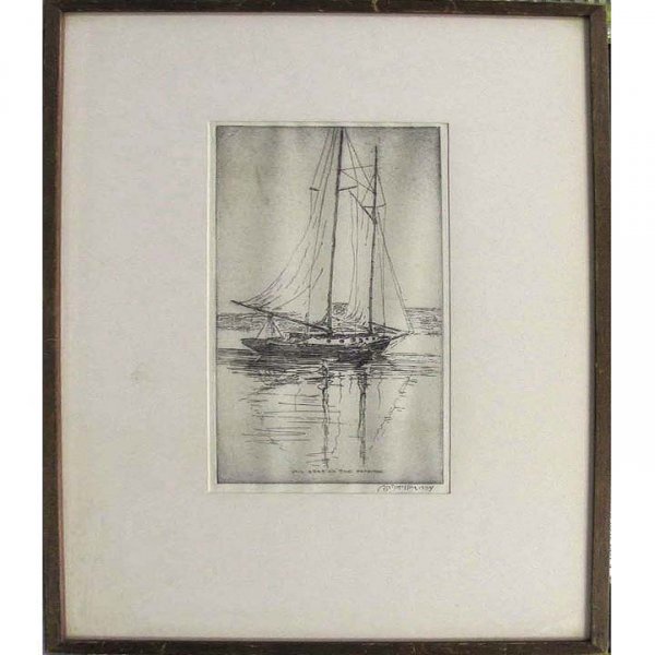 HIEST DILLON MILHOLLEN (AMERICAN 1906-) ETCHING,: HIEST DILLON MILHOLLEN (AMERICAN 1906-) ETCHING, "SAIL BOAT ON THE POTOMAC", SIGNED MARGIN. PLATE 9 3/8 X 4 3/8"; FRAMED & GLAZED 17 1/2 X 11 1/2"