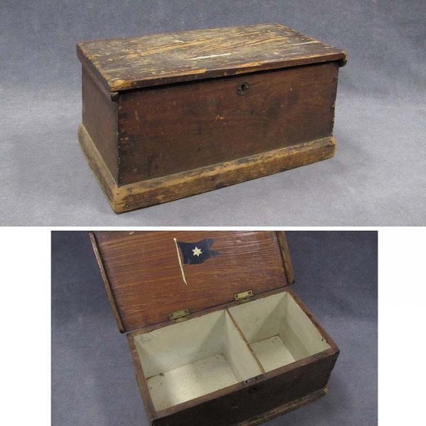 RARE SHAKER PAINTED PINE DOCUMENT BOX: RARE SHAKER PAINTED PINE DOCUMENT BOX WITH CANTED AND DOVETAILED SIDES, 19TH CENTURY. HEIGHT 6 3/4"; WIDTH 14"
