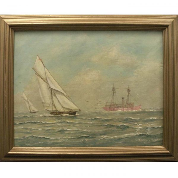 FREDERICK TORDOFF (ANGLO/AMERICAN 20TH CENTURY): FREDERICK TORDOFF (ANGLO/AMERICAN 20TH CENTURY), OIL ON PANEL, "AMERICA'S CUP YACHT RACING AROUND THE SANDY HOOK LIGHT SHIP", SIGNED AND TITLED. 10 1/2 X 13 1/2"; FRAEMD-13 X 16"