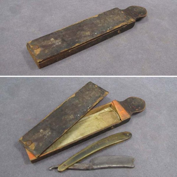 CARVED PINE STRAIGHT RAZOR/BOX: CARVED PINE STRAIGHT RAZOR/BOX, ATTRIBUTED TO SHAKER WORKSHOPS, 19TH CENTURY. LENGTH 9 1/2"