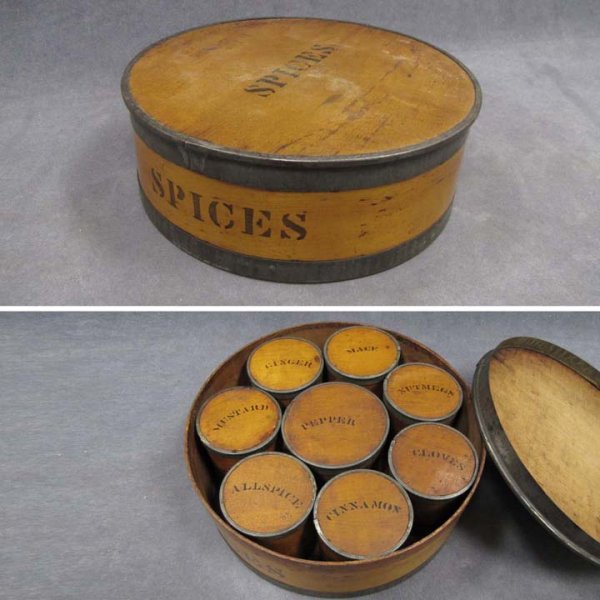 PANTRY SPICE BOX, ATTRIBUTED TO SHAKER WORKSHOPS: PANTRY SPICE BOX, ATTRIBUTED TO SHAKER WORKSHOPS, 19TH CENTURY. DIAMETER 9 1/2"