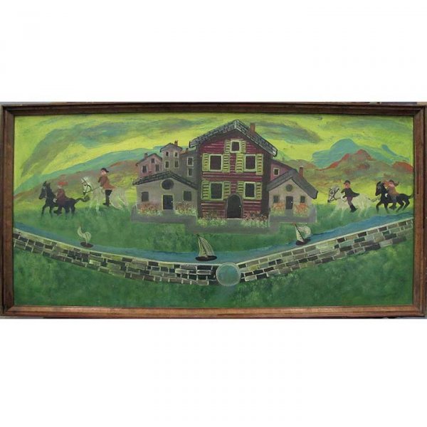 BRUNO DEL FAVERO (AMERICAN 1910-1995), OIL : BRUNO DEL FAVERO (AMERICAN 1910-1995), OIL ON MASONITE, LANDSCAPE WITH FIGURES, SIGNED. FRAMED-24 X 49"